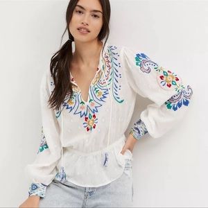 Embroidered Peplum Blouse In White